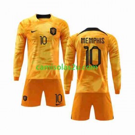 Camisolas de futebol Holanda Memphis 10 Criança Equipamento Principal World Cup 2022 Manga Comprida